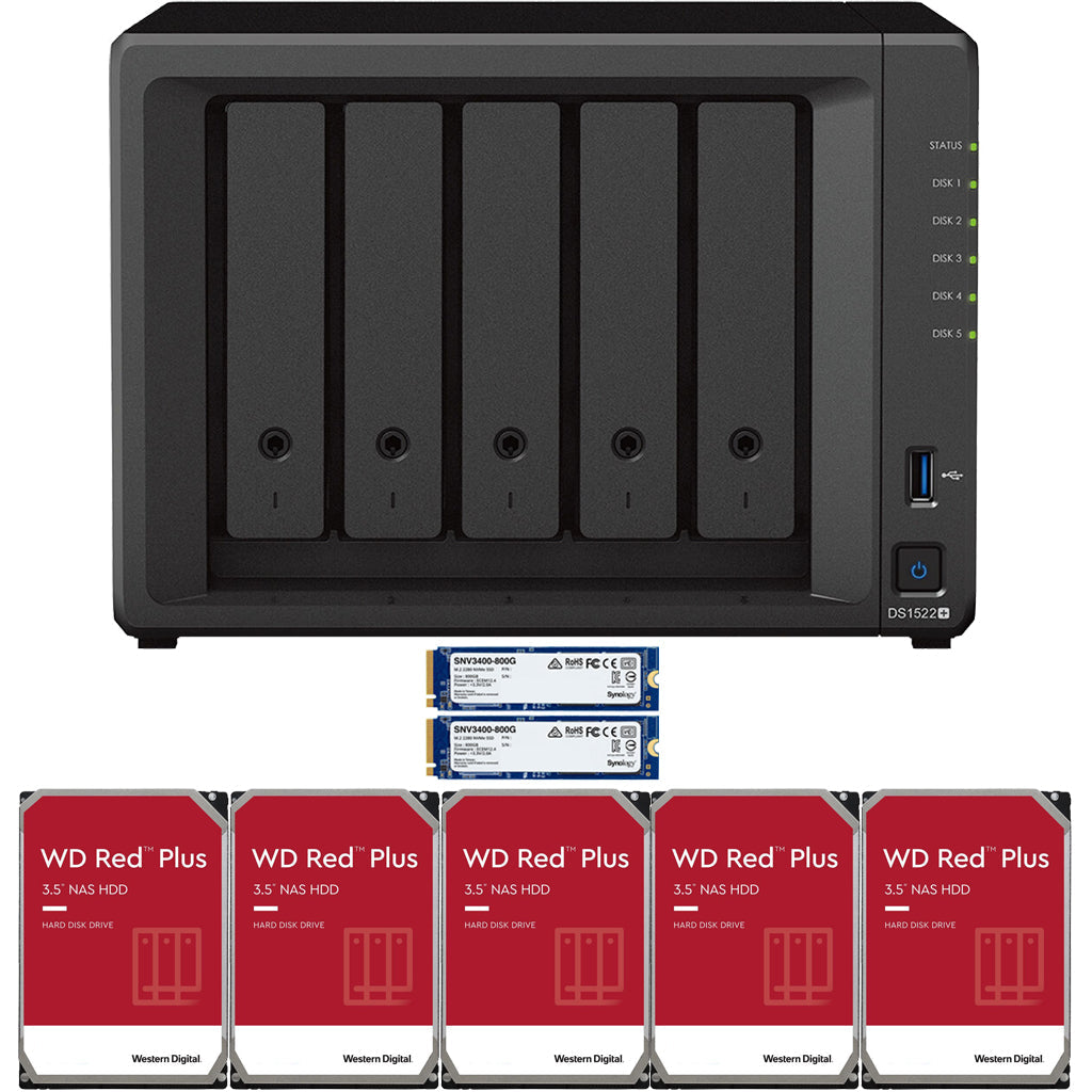 Synology DS1522+ 5-BAY DiskStation with 8GB RAM and 1.6TB (2x800GB) Cache and 10TB (5x2TB) Western Digital RED Plus Drives Fully Assembled and Tested