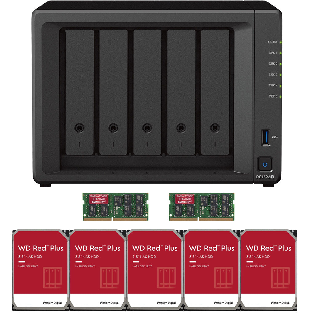 Synology DS1522+ 5-BAY DiskStation with 16GB RAM and 10TB (5x2TB) Western Digital RED Plus Drives Fully Assembled and Tested