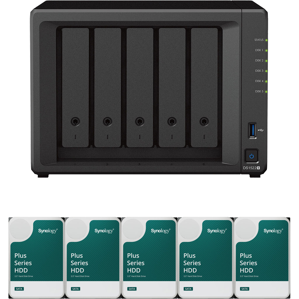 Synology DS1522+ 5-BAY DiskStation with 8GB RAM and 20TB (5x4TB) Synology Plus Drives Fully Assembled and Tested