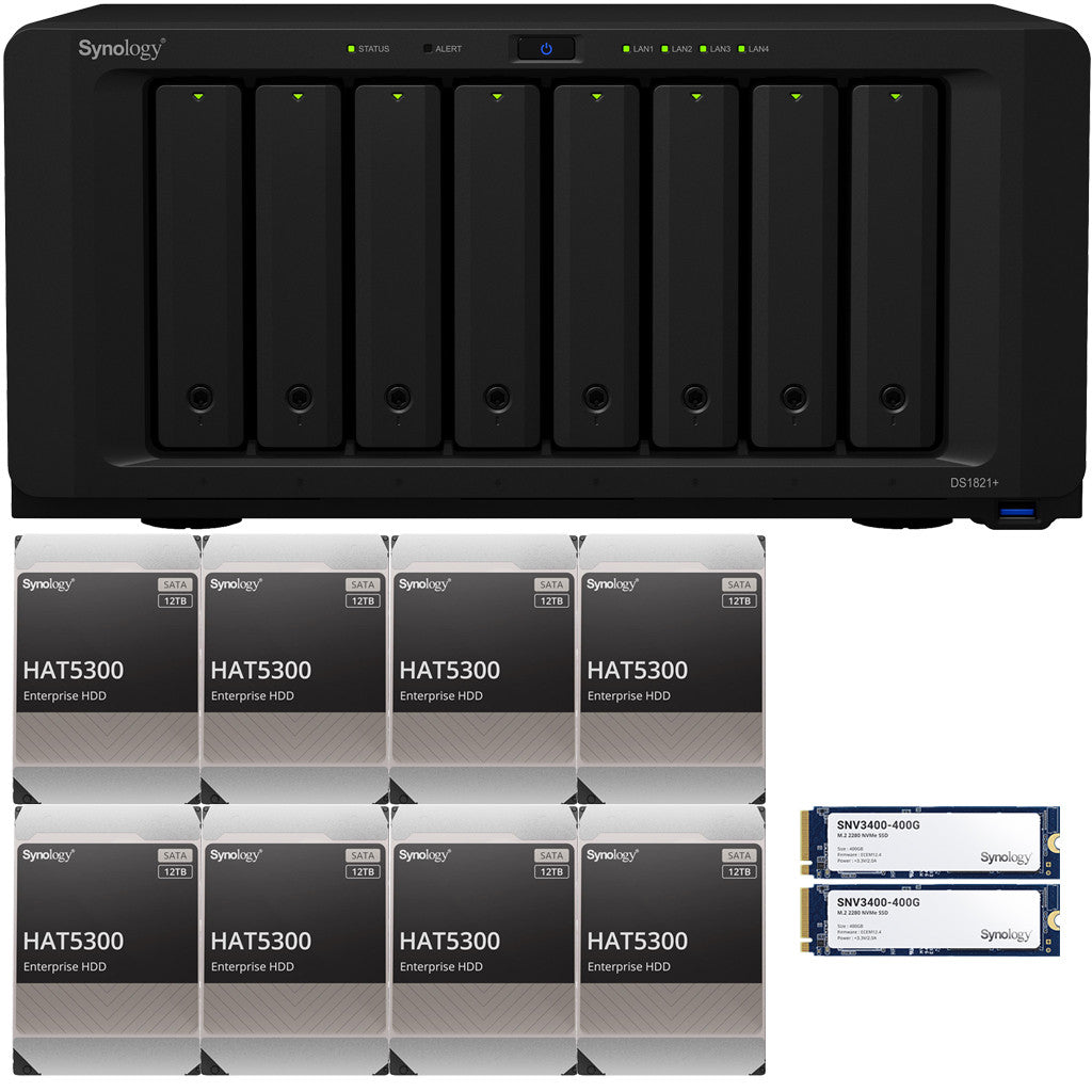 Synology DS1821+ 8-BAY DiskStation with 4GB RAM, 800GB (2x400GB) Cache and 96TB (8 x 12TB) of Synology Enterprise HAT5300 Drives Fully Assembled and Tested