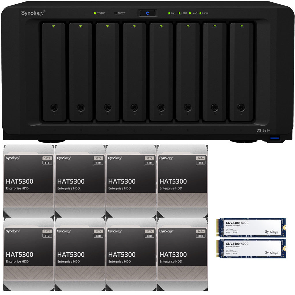 Synology DS1821+ 8-BAY DiskStation with 4GB RAM, 800GB (2x400GB) Cache and 96TB (8 x 8TB) of Synology Enterprise HAT5300 Drives Fully Assembled and Tested