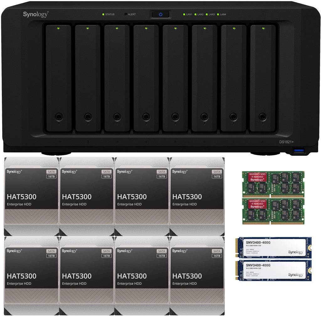 Synology DS1821+ 8-BAY DiskStation with 16GB RAM, 800GB (2x400GB) Cache and 128TB (8 x 16TB) of Synology Enterprise HAT5300 Drives Fully Assembled and Tested