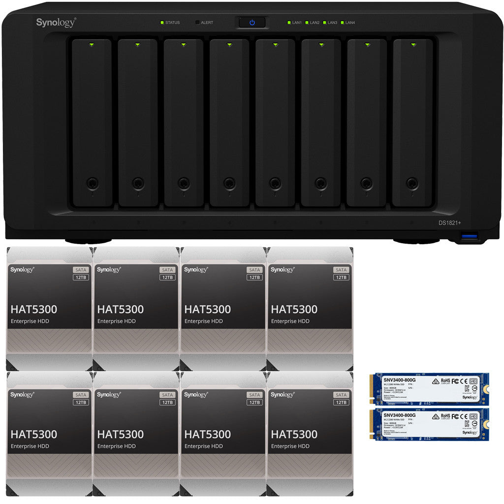 Synology DS1821+ 8-BAY DiskStation with 4GB RAM, 1.6TB (2x800GB) Cache and 96TB (8 x 12TB) of Synology Enterprise HAT5300 Drives Fully Assembled and Tested