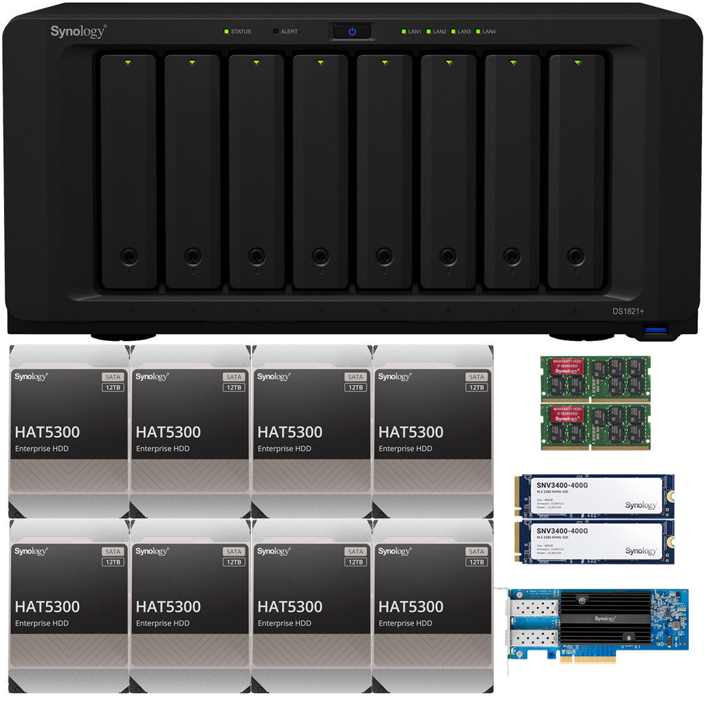 Synology DS1821+ 8-BAY DiskStation with 32GB RAM, 800GB (2x400GB) Cache, E25G21-F2 SFP28 25Gb Adapter and 96TB (8 x 12TB) of Synology Enterprise HAT5300 Drives Fully Assembled and Tested