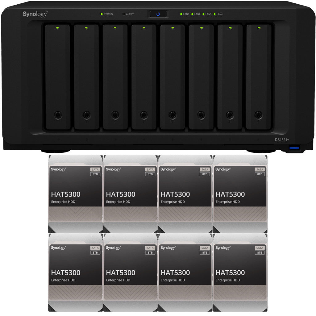 Synology DS1821+ 8-BAY DiskStation with 4GB Synology RAM and 64TB (8x8TB) Synology Enterprise HAT5300 Drives Fully Assembled and Tested