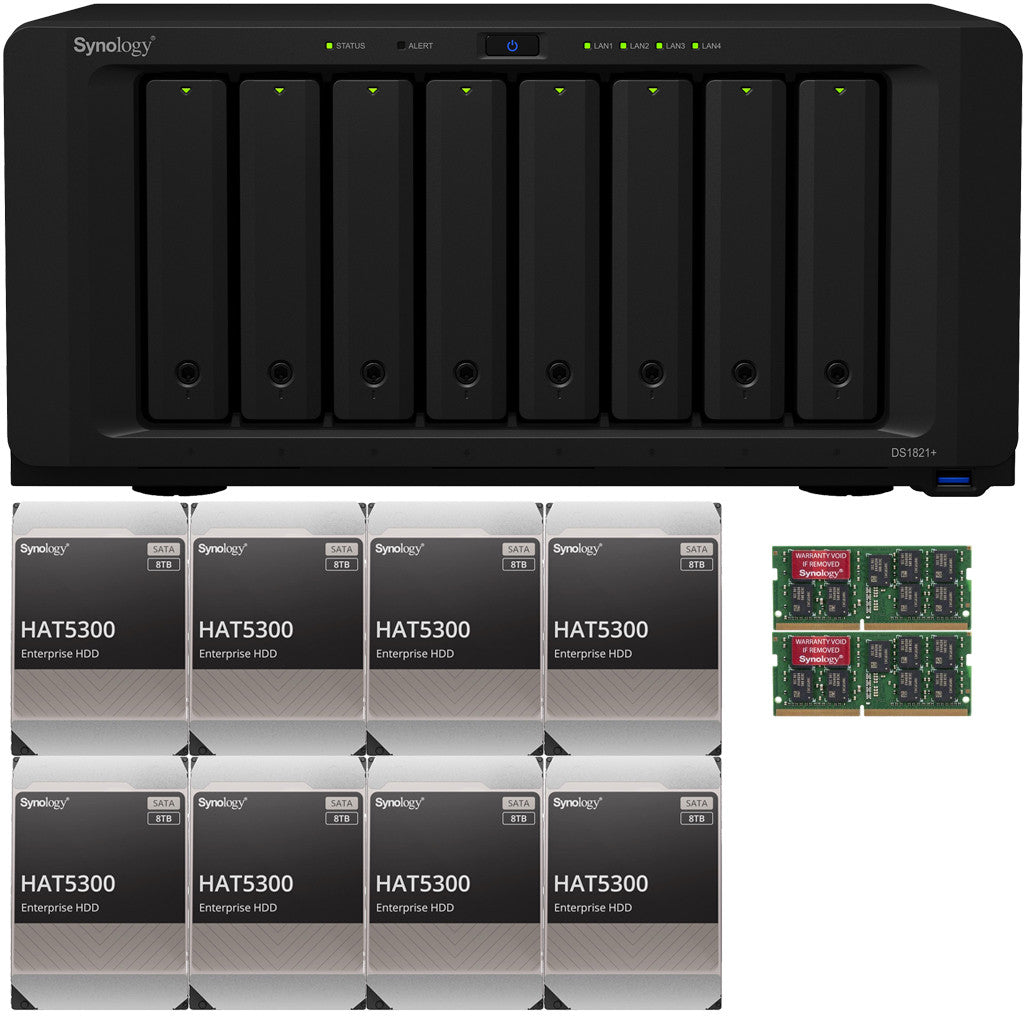 Synology DS1821+ 8-BAY DiskStation with 16GB Synology RAM and 64TB (8x8TB) Synology Enterprise HAT5300 Drives Fully Assembled and Tested
