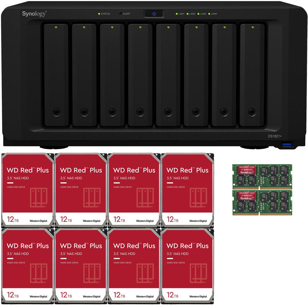 Synology DS1821+ 8-BAY DiskStation with 32GB Synology RAM and 96TB (8x12TB) Western Digital RED PLUS Drives Fully Assembled and Tested