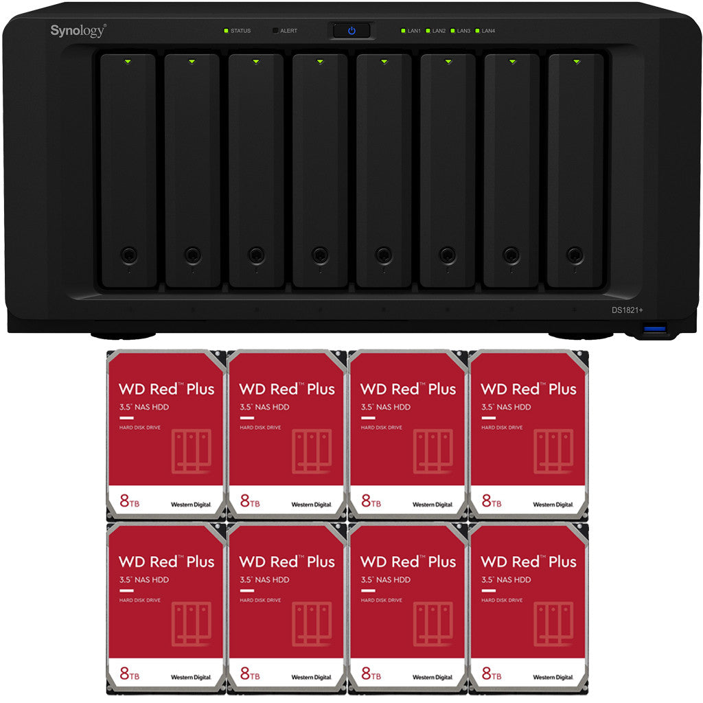 Synology DS1821+ 8-BAY DiskStation with 4GB Synology RAM and 64TB (8x8TB) Western Digital RED PLUS Drives Fully Assembled and Tested