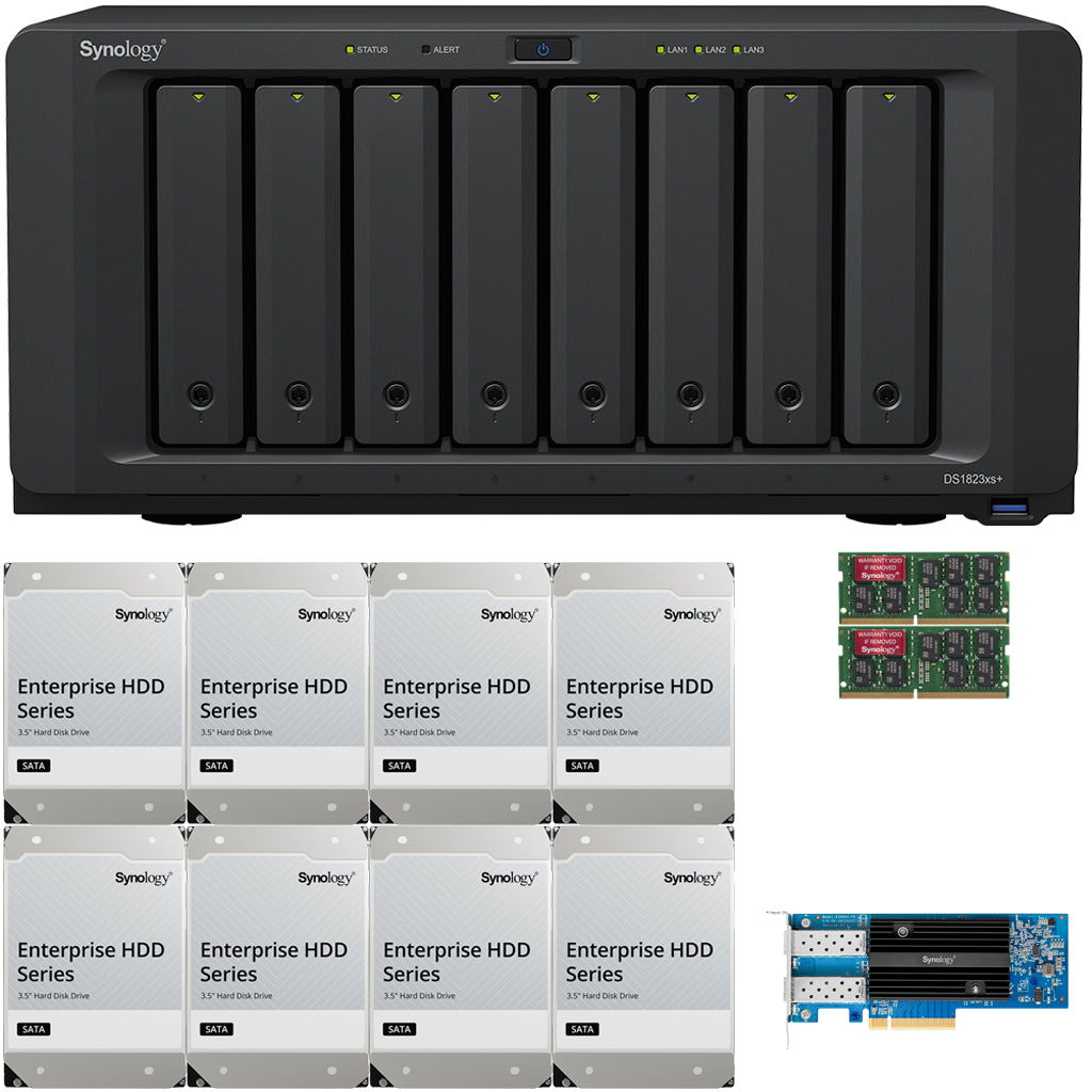 Synology DS1823xs+ 8-Bay NAS 32GB RAM 10GbE (E10G21-F2) 96TB (8 x 12TB) of Synology Enterprise Drives Fully Assembled and Tested