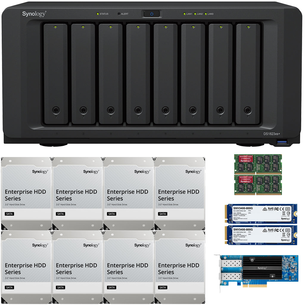 Synology DS1823xs+ 8-Bay NAS 16GB RAM 25GbE (E25G21-F2) 1.6TB (2 x 800GB) Cache and 64TB (8 x 8TB) of Synology Enterprise Drives Fully Assembled and Tested