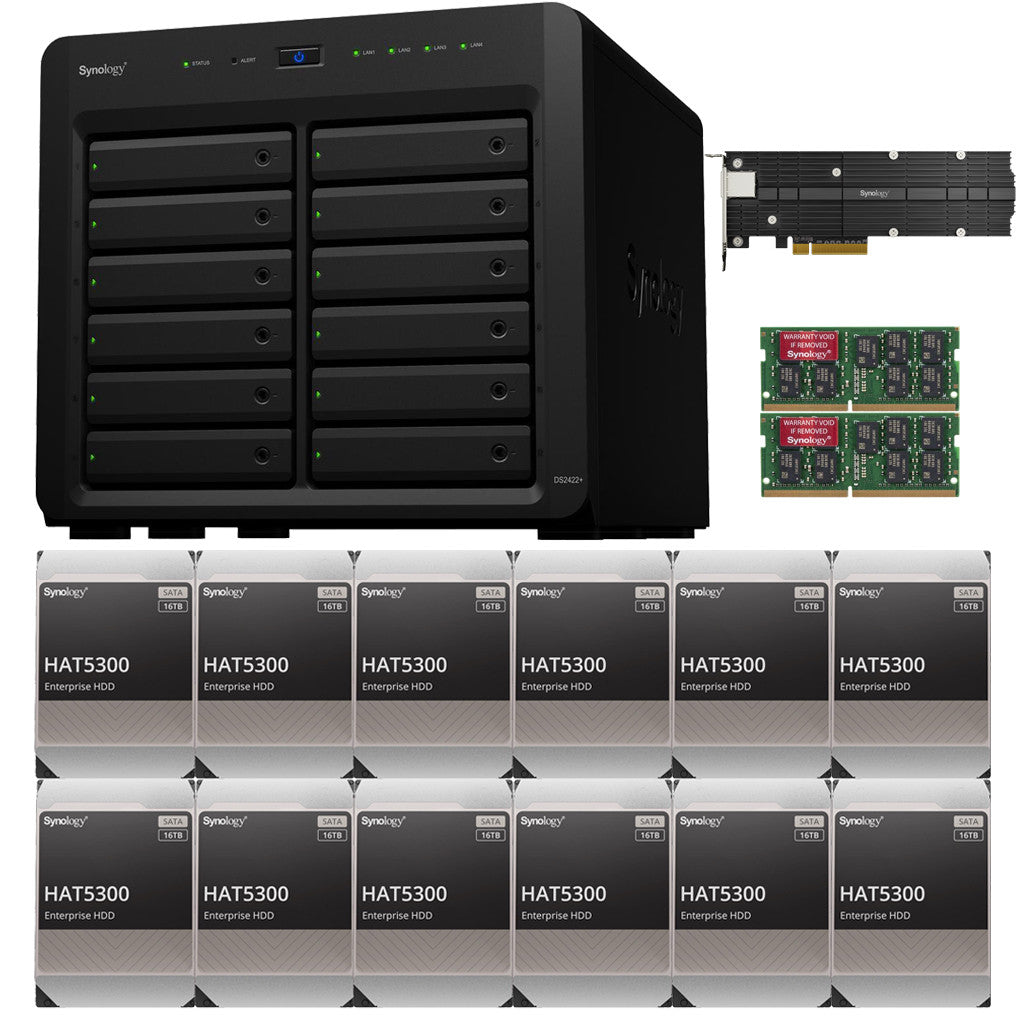 Synology DS2422+ Quad Core 2.2Ghz 12-Bay NAS with E10M20 10GbE Port and 1.6TB (2x800GB) CACHE, 32GB RAM and 192TB (12 x 16TB) of Synology Enterprise Drives