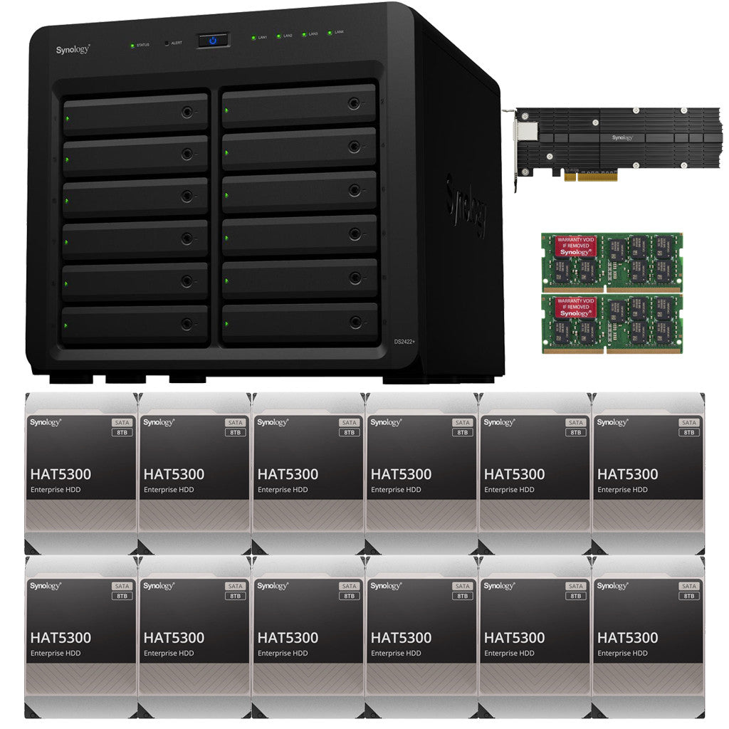 Synology DS2422+ Quad Core 2.2Ghz 12-Bay NAS with E10M20 10GbE Port and 1.6TB (2x800GB) CACHE, 8GB RAM and 96TB (12 x 8TB) of Synology Enterprise Drives