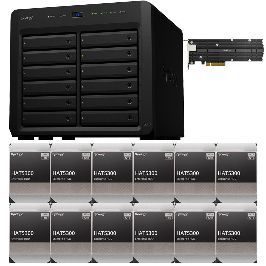 Synology DS2422+ Quad Core 2.2Ghz 12-Bay NAS with E10M20 10GbE Port and 1.6TB (2x800GB) CACHE, 4GB RAM and 144TB (12 x 12TB) of Synology Enterprise Drives