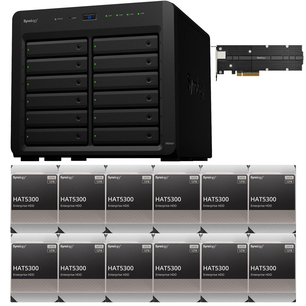 Synology DS2422+ Quad Core 2.2Ghz 12-Bay NAS with E10M20 10GbE Port and 800GB (2x400GB) CACHE, 4GB RAM and 144TB (12 x 12TB) of Synology Enterprise Drives