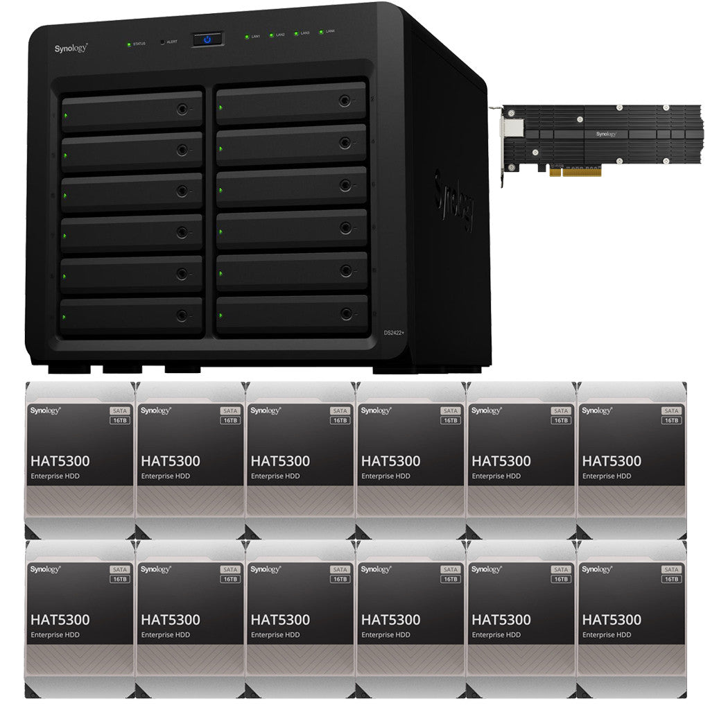 Synology DS2422+ Quad Core 2.2Ghz 12-Bay NAS with E10M20 10GbE Port and 1.6TB (2x800GB) CACHE, 4GB RAM and 192TB (12 x 16TB) of Synology Enterprise Drives