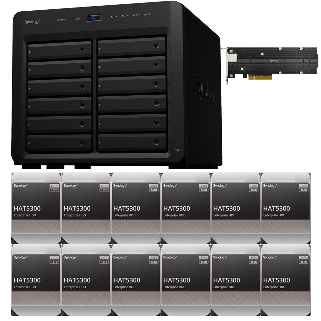 Synology DS2422+ Quad Core 2.2Ghz 12-Bay NAS with E10M20 10GbE Port and 800GB (2x400GB) CACHE, 4GB RAM and 192TB (12 x 16TB) of Synology Enterprise Drives