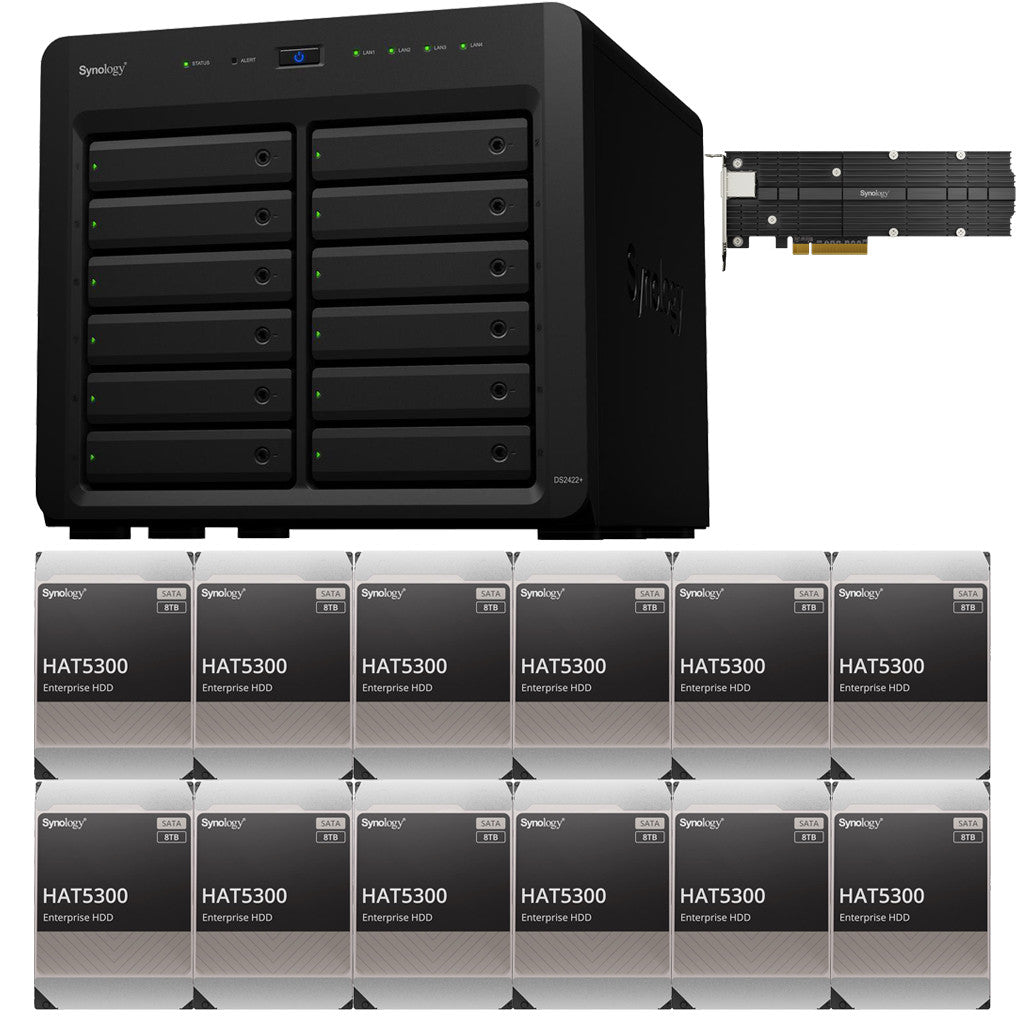Synology DS2422+ Quad Core 2.2Ghz 12-Bay NAS with E10M20 10GbE Port and 800GB (2x400GB) CACHE, 4GB RAM and 96TB (12 x 8TB) of Synology Enterprise Drives