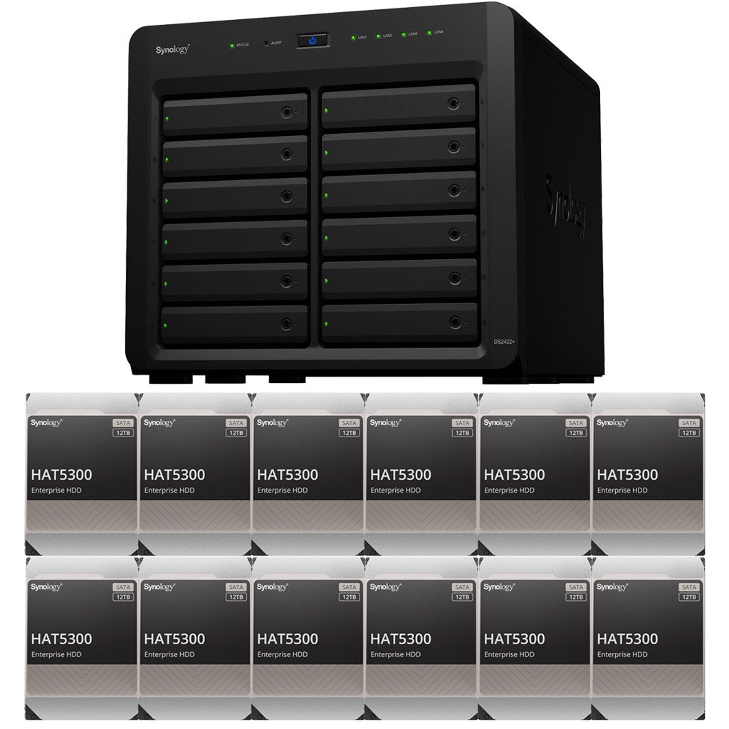 Synology DS2422+ Quad Core 2.2Ghz 12-Bay NAS with 4GB RAM and 144TB (12 x 12TB) of Synology Enterprise (HAT5300) Drives
