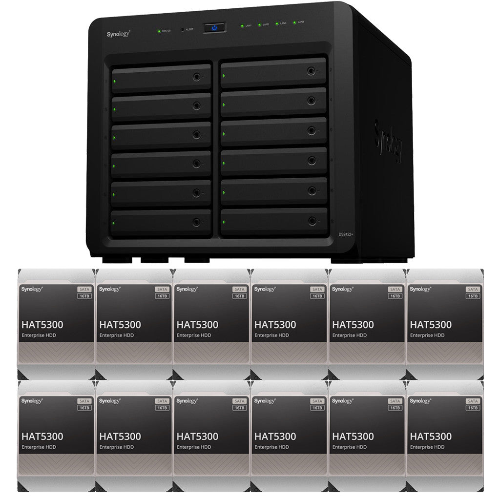 Synology DS2422+ Quad Core 2.2Ghz 12-Bay NAS with 4GB RAM and 192TB (12 x 16TB) of Synology Enterprise (HAT5300) Drives