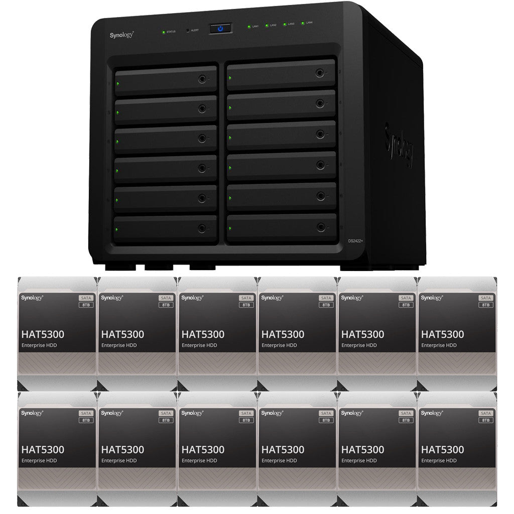 Synology DS2422+ Quad Core 2.2Ghz 12-Bay NAS with 4GB RAM and 96TB (12 x 8TB) of Synology Enterprise (HAT5300) Drives