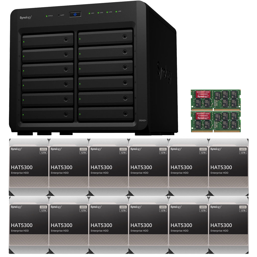 Synology DS2422+ Quad Core 2.2Ghz 12-Bay NAS with 16GB RAM and 144TB (12 x 12TB) of Synology Enterprise (HAT5300) Drives