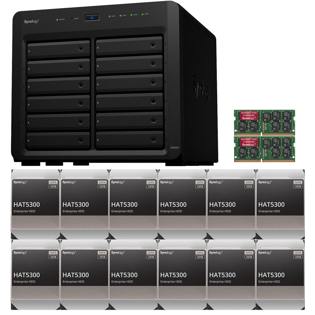 Synology DS2422+ Quad Core 2.2Ghz 12-Bay NAS with 8GB RAM and 192TB (12 x 16TB) of Synology Enterprise (HAT5300) Drives