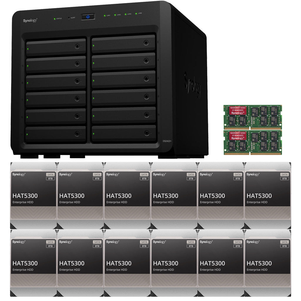 Synology DS2422+ Quad Core 2.2Ghz 12-Bay NAS with 8GB RAM and 96TB (12 x 8TB) of Synology Enterprise (HAT5300) Drives
