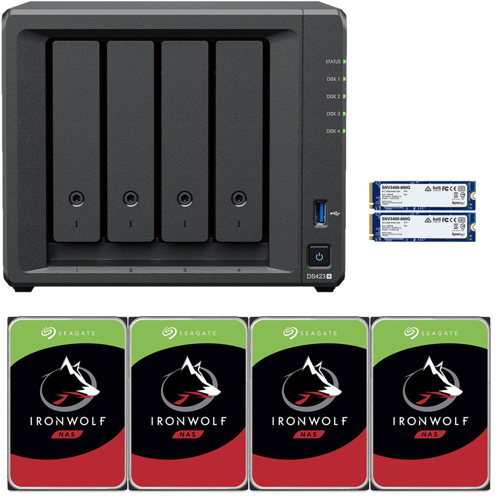 Synology DS423+ Intel Quad-Core 4-Bay NAS, 2GB RAM, 8TB (4 x 2TB) of Seagate Ironwolf NAS Drives and 1.6TB (2 x 800GB) Synology Cache Fully Assembled and Tested