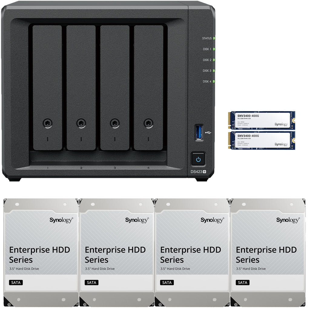 Synology DS423+ Intel Quad-Core 4-Bay NAS, 2GB RAM, 72TB (4 x 18TB) of Synology Enterprise Drives and 800GB (2 x 400GB) Synology Cache Fully Assembled and Tested