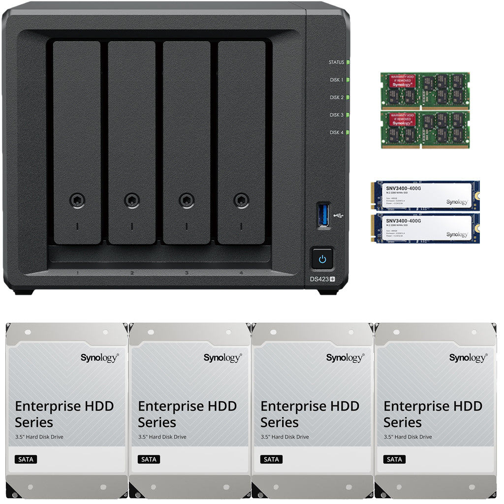 Synology DS423+ Intel Quad-Core 4-Bay NAS, 6GB RAM, 16TB (4 x 4TB) of Synology Enterprise Drives and 800GB (2 x 400GB) Synology Cache Fully Assembled and Tested