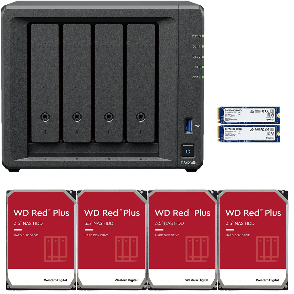 Synology DS423+ Intel Quad-Core 4-Bay NAS, 2GB RAM, 24TB (4 x 6TB) of Western Digital Red Plus Drives and 1.6TB (2 x 800GB) Synology Cache Fully Assembled and Tested