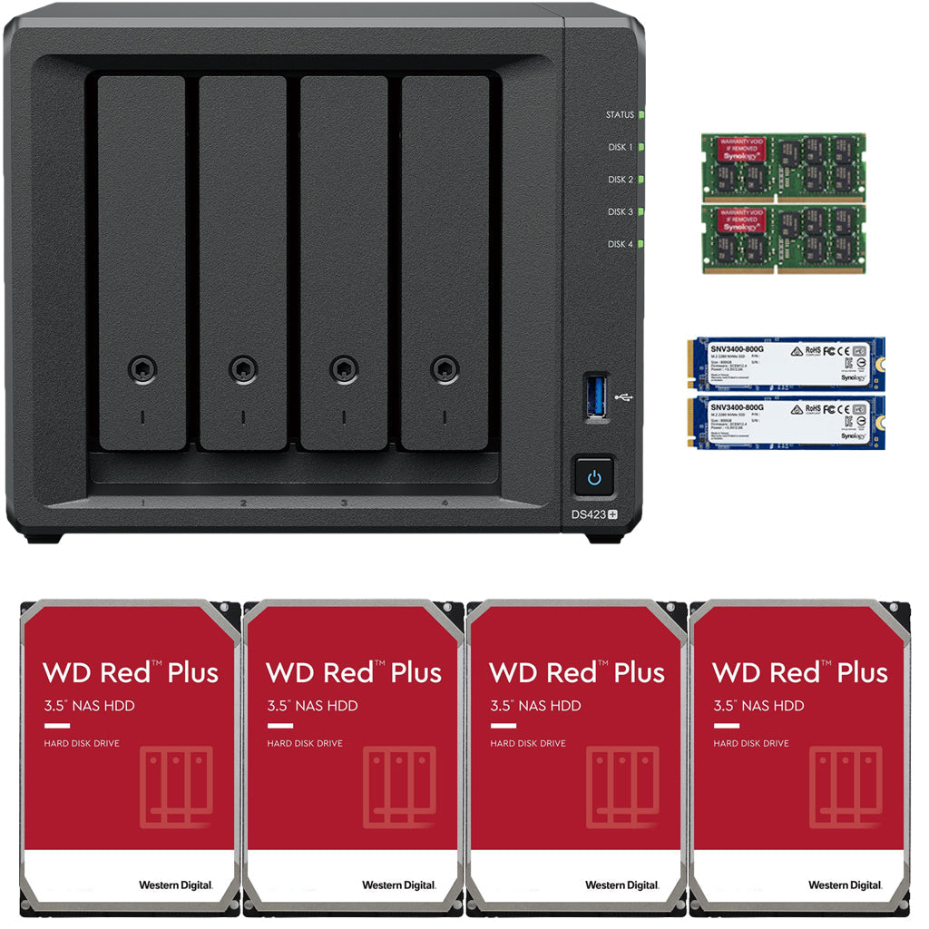 Synology DS423+ Intel Quad-Core 4-Bay NAS, 6GB RAM, 8TB (4 x 2TB) of Western Digital Red Plus Drives and 1.6TB (2 x 800GB) Synology Cache Fully Assembled and Tested