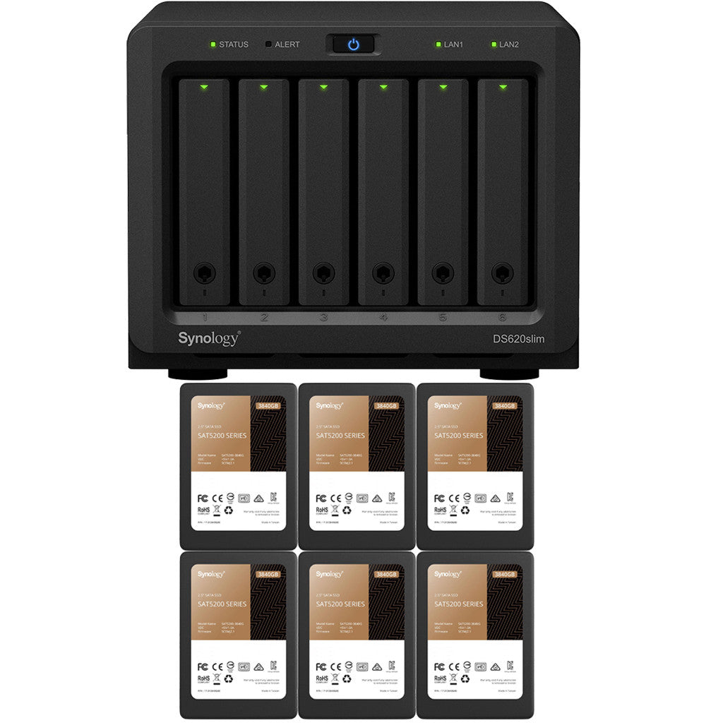 Synology DS620slim 6-BAY DiskStation with 2GB RAM and 23.04TB (6 x 3840GB) of Synology Enterprise SSDs Fully Assembled and Tested