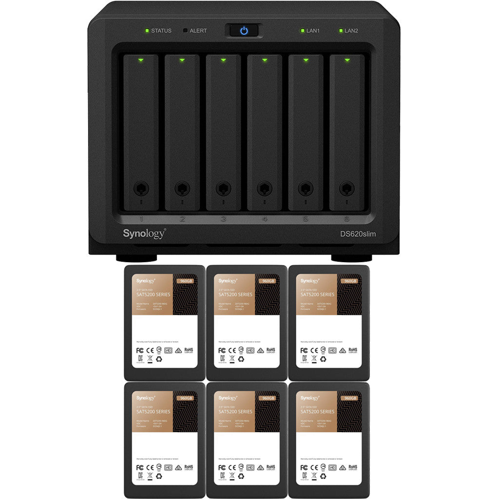 Synology DS620slim 6-BAY DiskStation with 2GB RAM and 5.76TB (6 x 960GB) of Synology Enterprise SSDs Fully Assembled and Tested