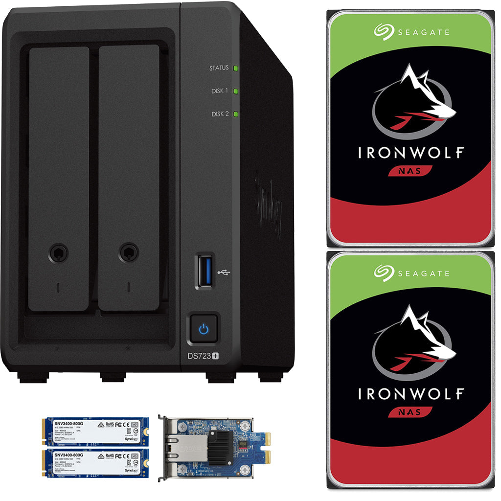 Synology DS723+ 2-Bay NAS, 2GB RAM, 10GbE Adapter, 1.6TB (2x800GB) Cache, 24TB (2 x 12TB) of Seagate Ironwolf NAS Drives Fully Assembled and Tested