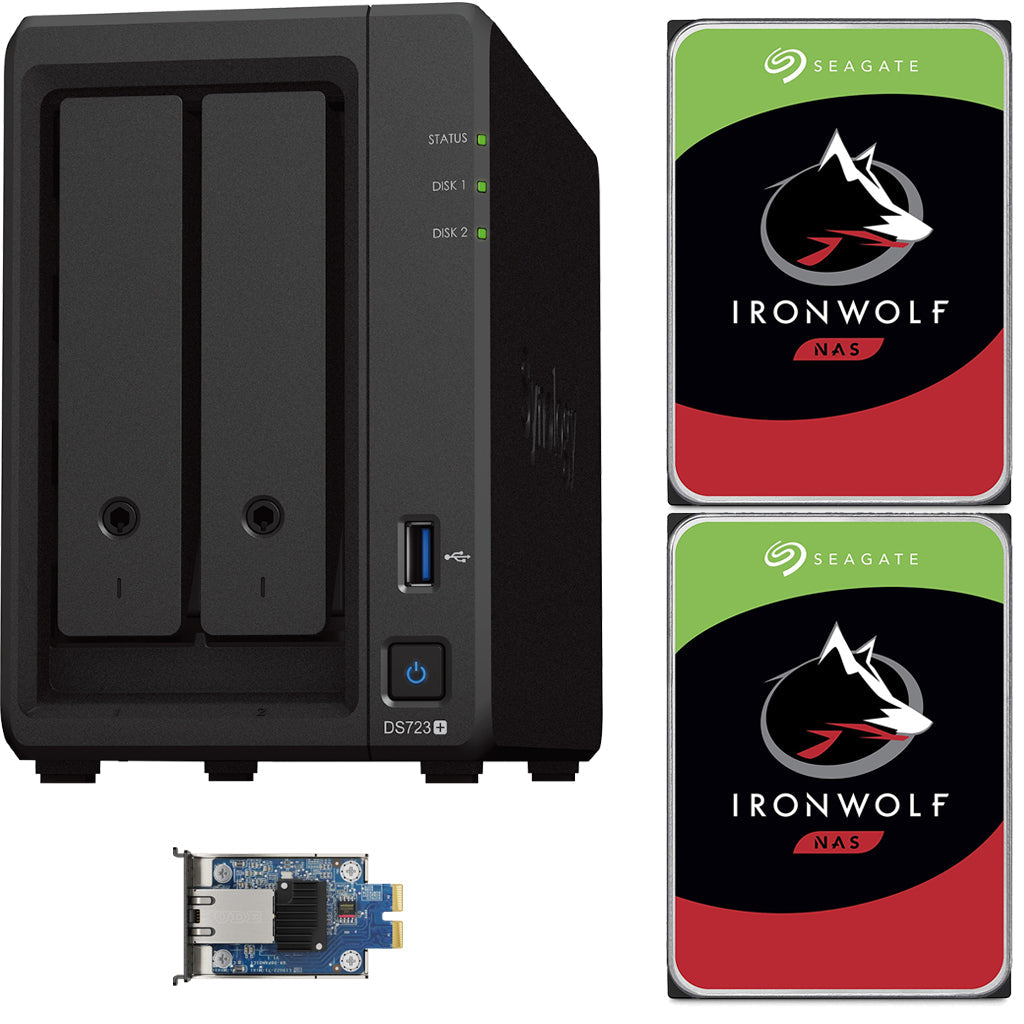 Synology DS723+ 2-Bay NAS, 2GB RAM, 10GbE Adapter, 24TB (2 x 12TB) of Seagate Ironwolf NAS Drives Fully Assembled and Tested