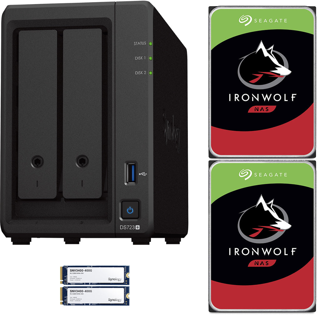 Synology DS723+ 2-Bay NAS, 2GB RAM, 800GB (2x400GB) Cache, 4TB (2 x 2TB) of Seagate Ironwolf NAS Drives Fully Assembled and Tested