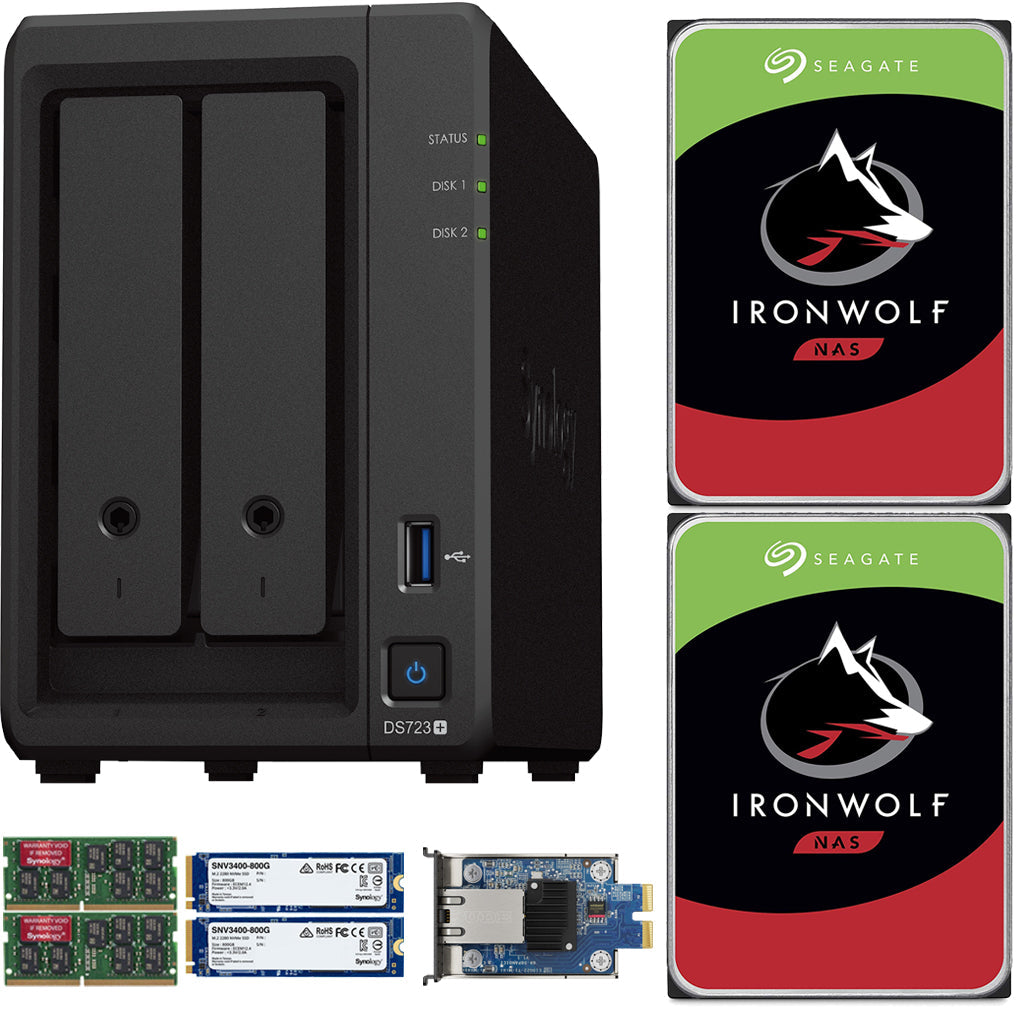 Synology DS723+ 2-Bay NAS, 4GB RAM, 10GbE Adapter, 1.6TB (2x800GB) Cache, 20TB (2 x 10TB) of Seagate Ironwolf NAS Drives Fully Assembled and Tested