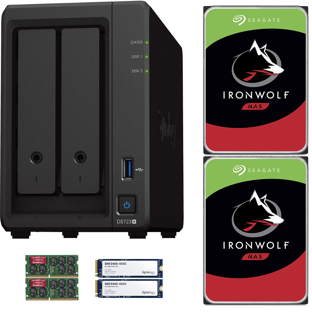 Synology DS723+ 2-Bay NAS, 4GB RAM, 800GB (2x400GB) Cache, 4TB (2 x 2TB) of Seagate Ironwolf NAS Drives Fully Assembled and Tested