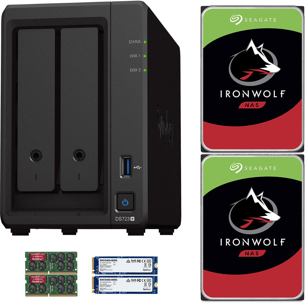 Synology DS723+ 2-Bay NAS, 4GB RAM, 1.6TB (2x800GB) Cache, 4TB (2 x 2TB) of Seagate Ironwolf NAS Drives Fully Assembled and Tested
