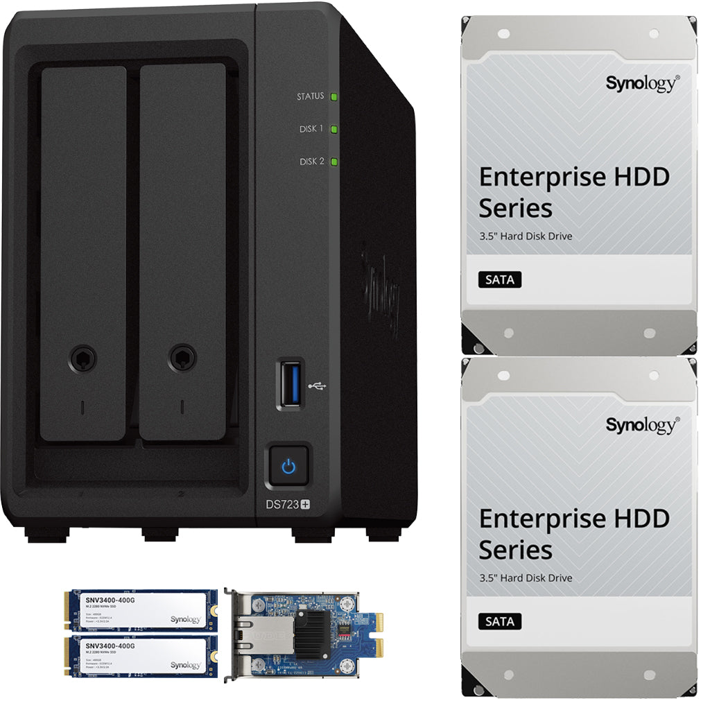 Synology DS723+ 2-Bay NAS, 2GB RAM, 10GbE Adapter, 800GB (2x400GB) Cache, 16TB (2 x 8TB) of Synology Enterprise Drives Fully Assembled and Tested