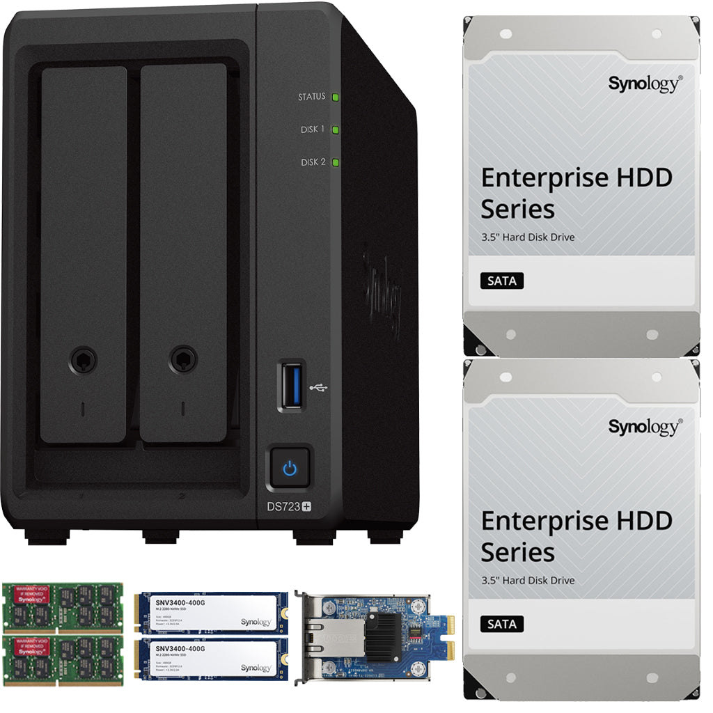 Synology DS723+ 2-Bay NAS, 16GB RAM, 10GbE Adapter, 800GB (2x400GB) Cache, 8TB (2 x 4TB) of Synology Enterprise Drives Fully Assembled and Tested