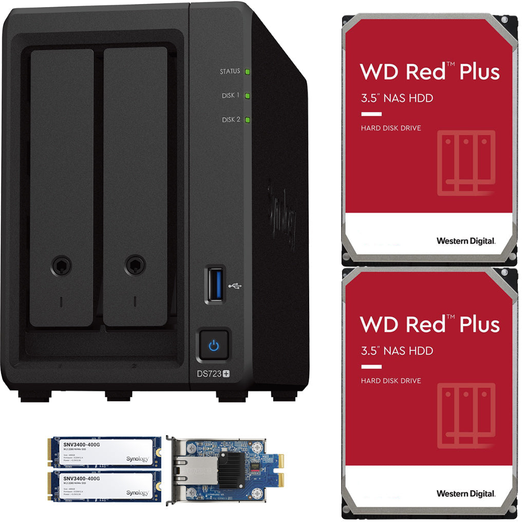 Synology DS723+ 2-Bay NAS, 2GB RAM, 10GbE Adapter, 800GB (2x400GB) Cache, 4TB (2 x 2TB) of Western Digital Red Plus Drives Fully Assembled and Tested