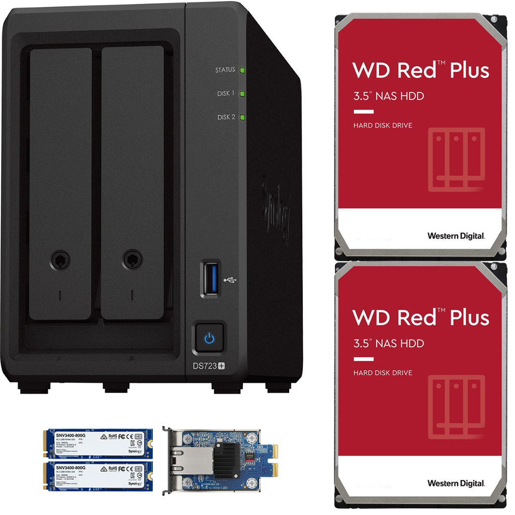 Synology DS723+ 2-Bay NAS, 2GB RAM, 10GbE Adapter, 1.6TB (2x800GB) Cache, 4TB (2 x 2TB) of Western Digital Red Plus Drives Fully Assembled and Tested