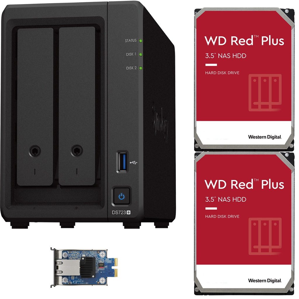 Synology DS723+ 2-Bay NAS, 2GB RAM, 10GbE Adapter, 4TB (2 x 2TB) of Western Digital Red Plus Drives Fully Assembled and Tested