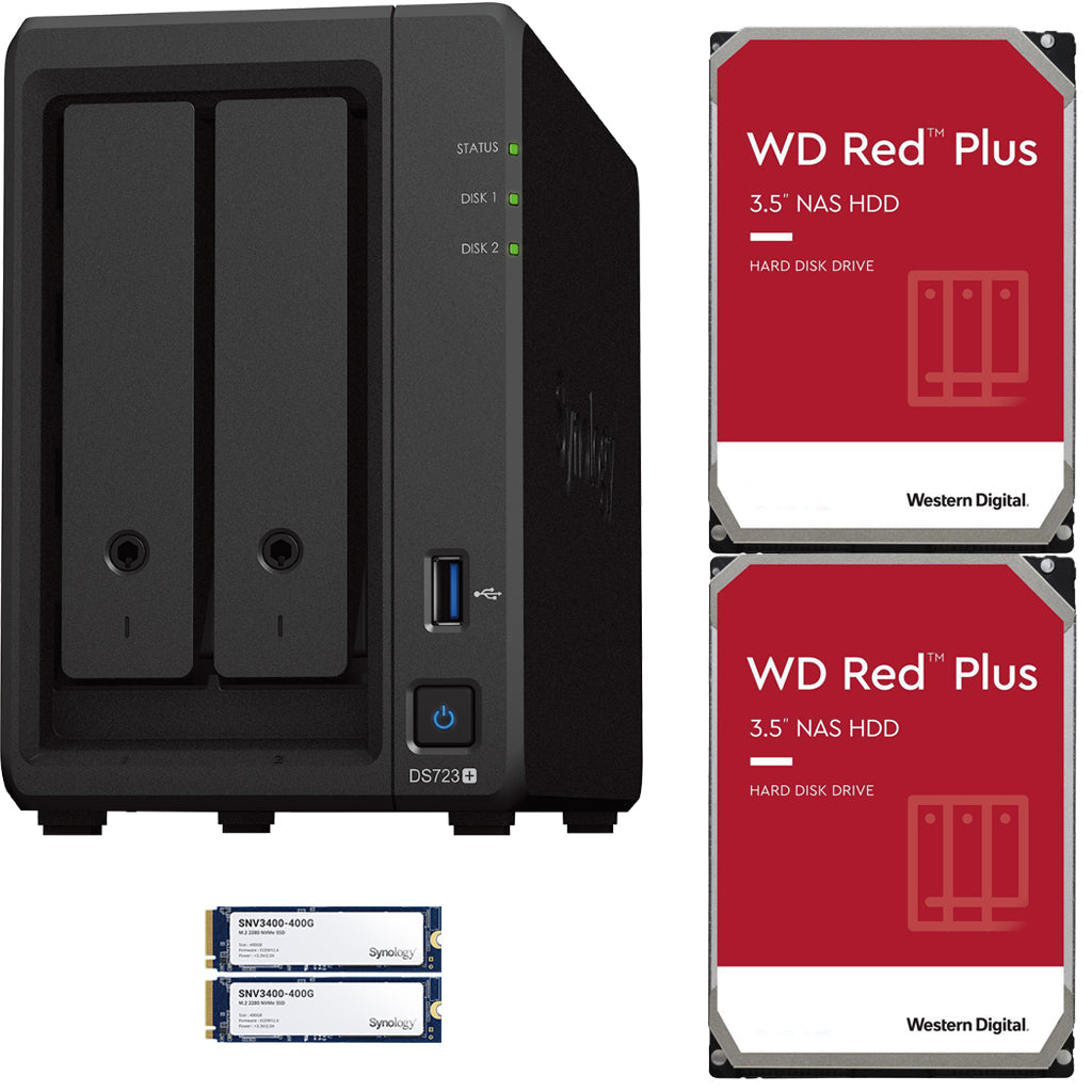 Synology DS723+ 2-Bay NAS, 2GB RAM, 800GB (2x400GB) Cache, 4TB (2 x 2TB) of Western Digital Red Plus Drives Fully Assembled and Tested