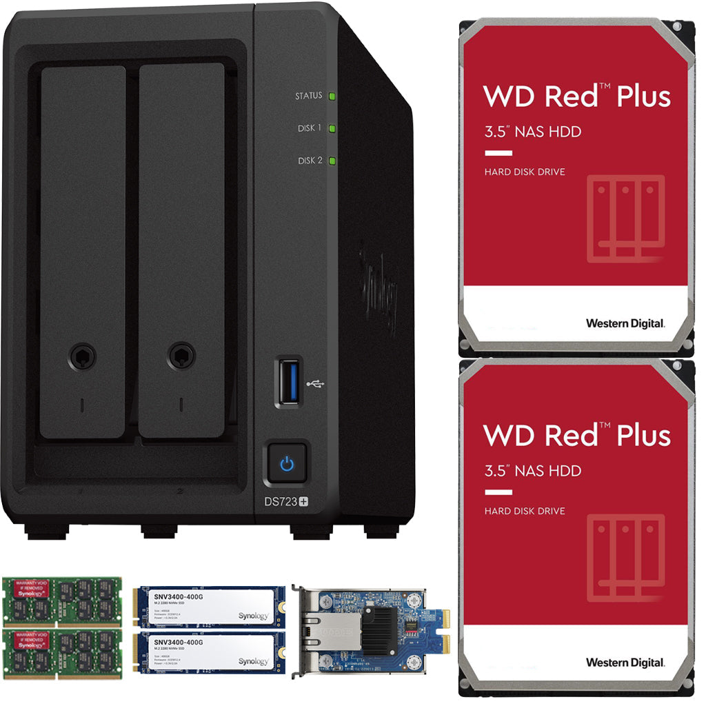 Synology DS723+ 2-Bay NAS, 4GB RAM, 10GbE Adapter, 800GB (2x400GB) Cache, 4TB (2 x 2TB) of Western Digital Red Plus Drives Fully Assembled and Tested