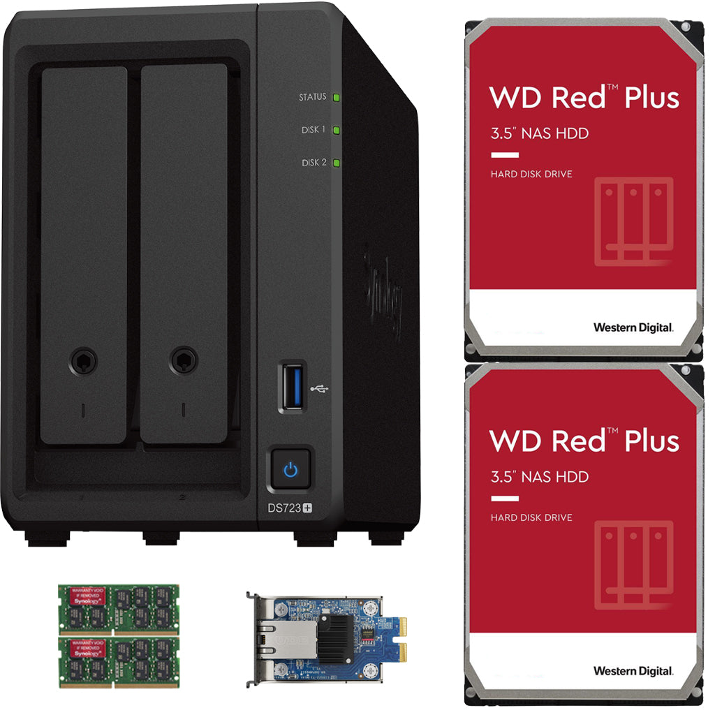 Synology DS723+ 2-Bay NAS, 4GB RAM, 10GbE Adapter, 4TB (2 x 2TB) of Western Digital Red Plus Drives Fully Assembled and Tested