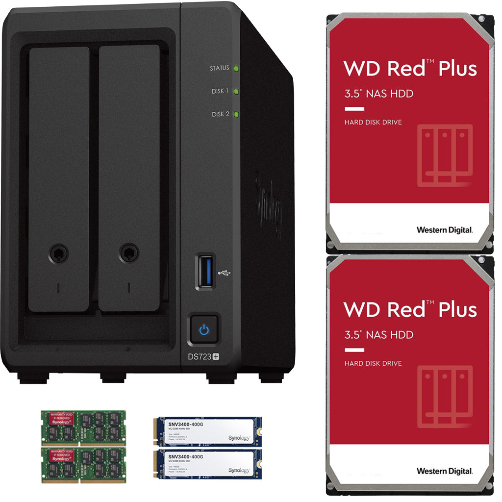 Synology DS723+ 2-Bay NAS, 4GB RAM, 800GB (2x400GB) Cache, 4TB (2 x 2TB) of Western Digital Red Plus Drives Fully Assembled and Tested