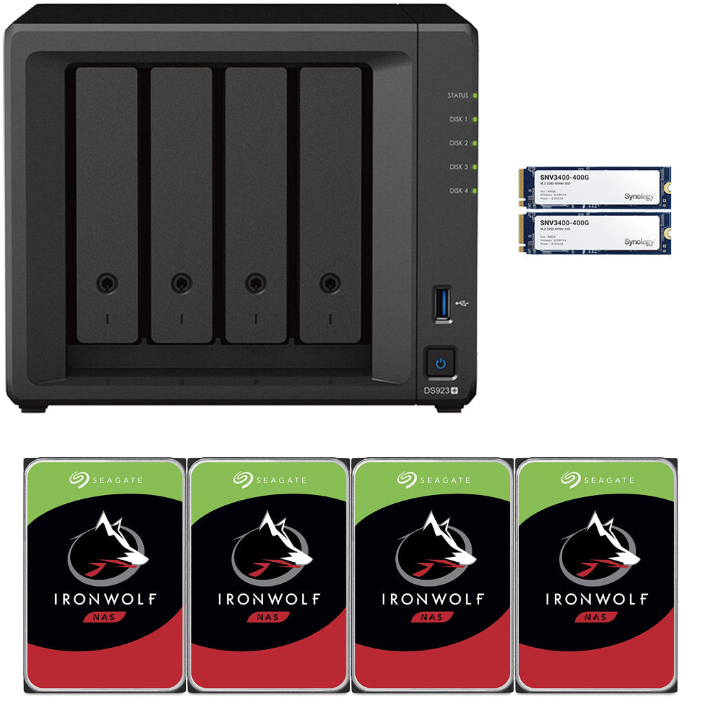 Synology DS923+ 4-BAY DiskStation with 4GB RAM, 800GB (2x400GB) Cache,  and 24TB (4x6TB) Seagate Ironwolf NAS Drives Fully Assembled and Tested